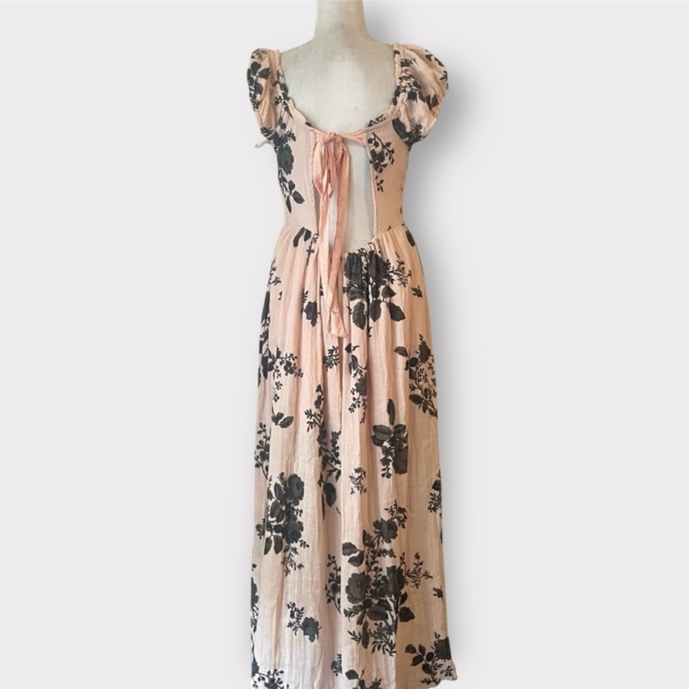 Free People ‘Forget Me Not’ Gauze Cotton Midi Dress in Peach Pink & Black, Small - Picture 10 of 14